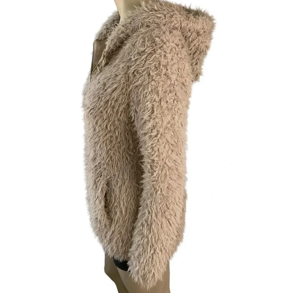 COUNTESS Faux Fur Fuzzy Zip Up Hooded Pea Coat Jacket Taupe Women Size M - Picture 5 of 16